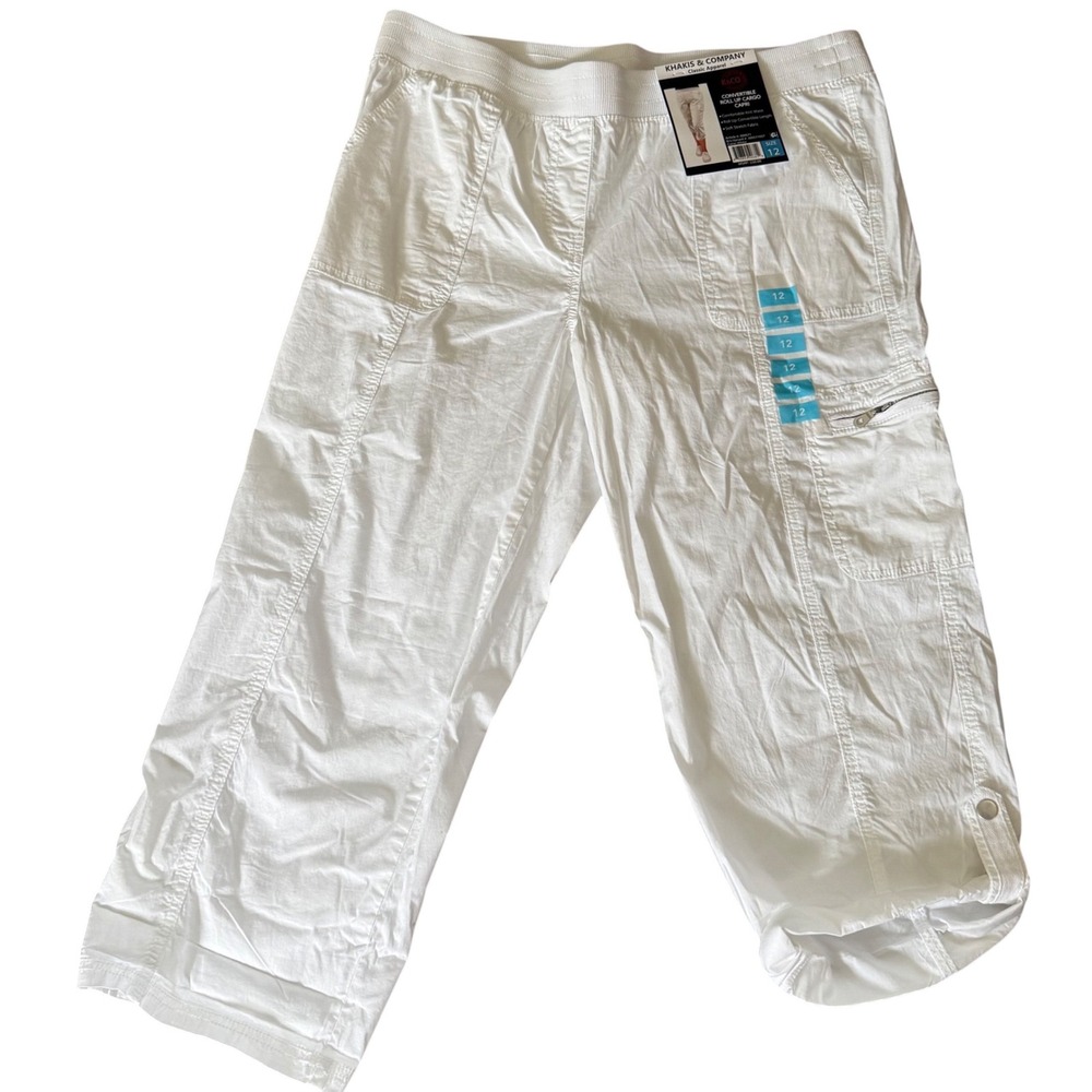 Khakis & Company Womens White Convertible Roll Up Cargo Capri Pants Size 12 NWT